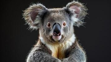 A close-up of a friendly and endearing koala, looking directly at the camera with an adorable grin. photo