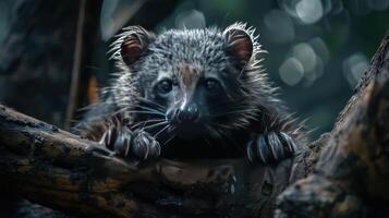 Inquisitive raccoon cub peeks out from between tree trunks, its eyes gleaming with curiosity. photo