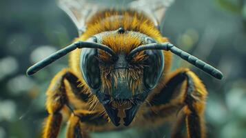 Hovering bee looking at the camera through honeycomb background. photo