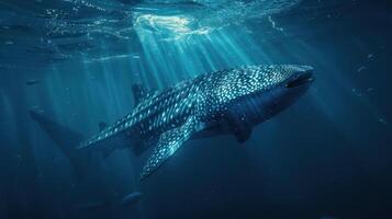 A majestic and large manta ray gliding through the open ocean under clear skies. photo