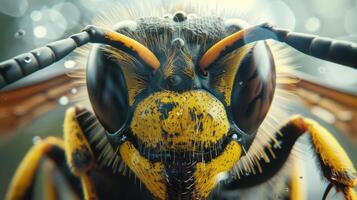 depicts the head of a bee with yellow markings. The bee appears to have its wings folded down, photo