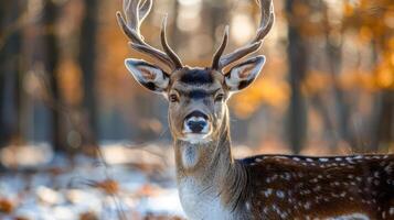 A pair of deer in a forest with autumn foliage, one looking at the camera and the other to its side. photo