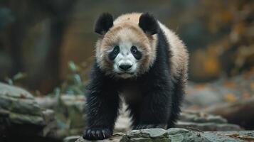 A small, adorable panda cub is exploring the woods, with trees and rocks forming a scenic backdrop. photo