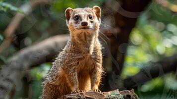 A badger with a curious and intense expression in a forest setting. photo