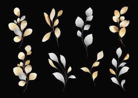 Gold and silver watercolor branches with leaves, isolated elements on black background. vector