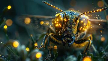A close-up image of a bee with brightly glowing wings, photo