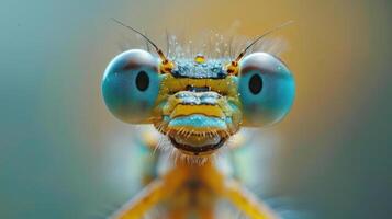 A close-up image of a vibrant yellow and blue dragonfly with large, round eyes. photo
