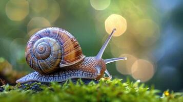 A tiny snail crawling along a leaf covered in moss. photo