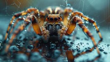A close-up photograph of a spider on its web, with drops of water visible in the background. photo