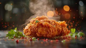 a fried chicken on a plate with a sprinkle of pars photo