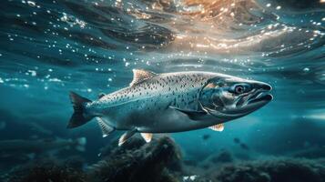 A large salmon swims underwater near the ocean floor, displaying its distinctive dark spots. photo