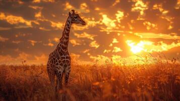 A giraffe standing on a field at sunset with the sun setting behind clouds. photo