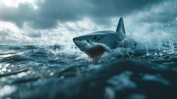 A shark swims in the ocean with a sunset sky and clouds overhead. photo