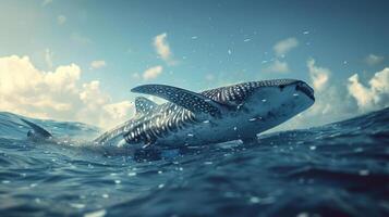 a vibrant and dynamic image capturing a breathtaking moment of a blue whale launching out of the oce photo
