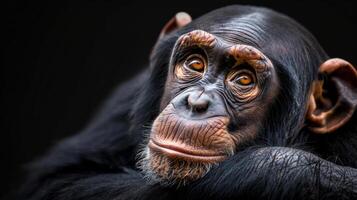 A close-up image of a resting black monkey with its eyes open, looking directly at the camera. photo