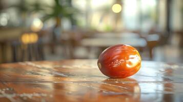 a red apple sitting on a table in a restaurant photo