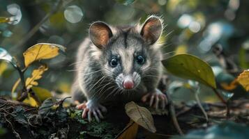 A curious squirrel peeks out from a cluster of leaves in the forest. photo