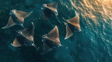 A group of flying rays or stingrays flying over clear blue waters with a few dolphins in the backgro photo