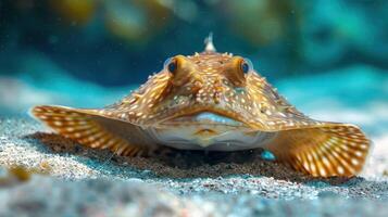 A close-up image of a colorful pufferfish swimming near the bottom of the ocean, photo