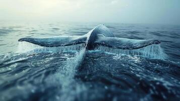 An orca whale leaps out of the ocean, leaving a splash trail behind it. photo
