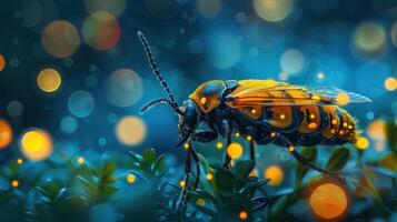 A vibrant yellow and black beetle illuminated by a soft glow of lights, photo