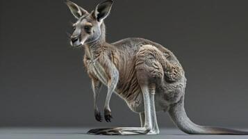A koala is seen walking in the center of a gray background. photo
