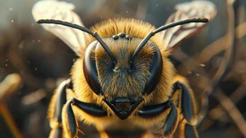 Close up of a honey bee on a flower, with detailed textures and a shallow depth of field. photo