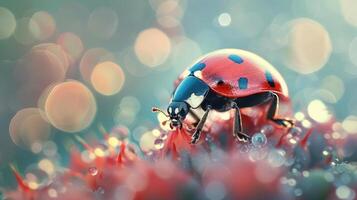 A vibrant closeup of a red ladybug on flowers with an adorable, brightly colored bokeh background. photo