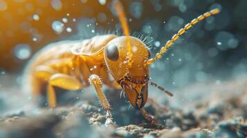 a close-up image of an ant walking on the ground. It appears to be raining, photo