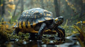 A turtle walking through the rain in a forest with rainbow colors and droplets on its shell. photo