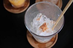 Top view of empty iced coffee glass on the wood coasters. photo