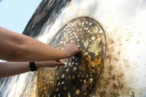 Someone Buddhist Gold leaf is being attached to the soles of feet Reclining Buddha statue. photo