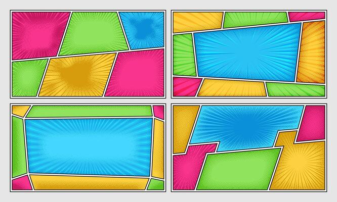 Colorfull Comic book page background with rays, radial, dotted and halftone effects.