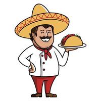 Mexican chef with sombrero holding taco illustration vector