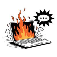 Laptop on fire with speech bubble showing overload illustration vector