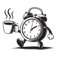 Alarm clock with cup of coffee illustration in vintage style vector