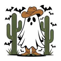 Cowboy ghost in desert with cactus and bats illustration vector