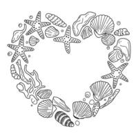 Marine life heart-shaped frame with starfish and seashells vector