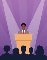 Confident black man behind podium during stage speech. Speaker talking in front of the audience. Public speaking. Spokesman before crowd of people. illustration. vector
