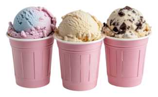 Three ice cream cups with different flavors in them png