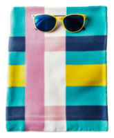 A colorful towel with sunglasses and a pair of sunglasses png