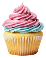 Colorful cupcake with swirled frosting on display, cut out - stock . png