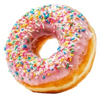 Colorful pink donut with sprinkles close-up view, cut out - stock . png