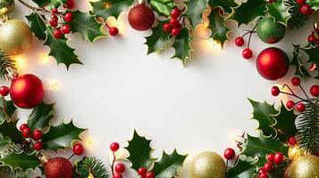 Christmas frame with holly leaves, berries and twinkling lights in red, green and gold. White background in the center for text or image, perfect for holiday design photo