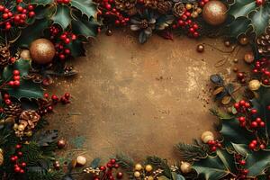 Red, green and gold Christmas frame with holly leaves and berries. Background with border for copy space in the middle for a warm, festive Merry Christmas, Happy New Year or Thanksgiving greeting photo