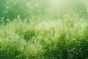 Lush Green Meadow with Dew and Magical Light Effects photo