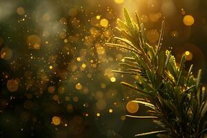 Golden Hour Sunlight Glowing on Fresh Rosemary Branch photo