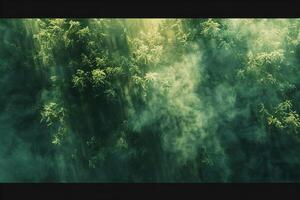 Mystical Forest Scene with Mist and Sunlight photo