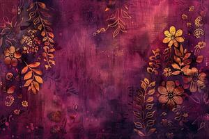 Maroon and Gold Batik Art with Floral and Dust Patterns photo