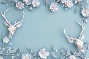 halloween top view template border frame deer skulls with horns and white flowers on blue background photo